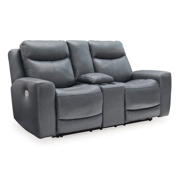 Signature Design by Ashley Mindanao Power Reclining Leather Match Loveseat with Console U5950418C IMAGE 1