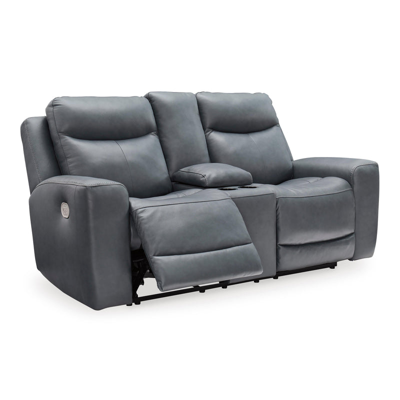 Signature Design by Ashley Mindanao Power Reclining Leather Match Loveseat with Console U5950418C IMAGE 2